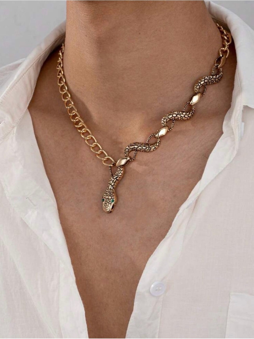 Gold Snake Chain Necklace with Emerald Eyes